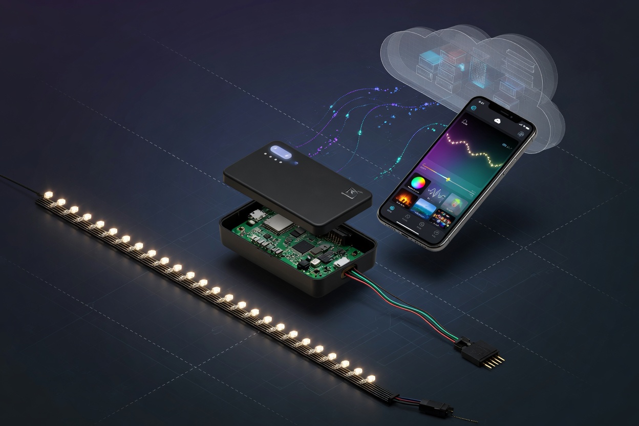 智能燈串從燈珠、控制器、APP 到雲端的四層技術堆疊示意