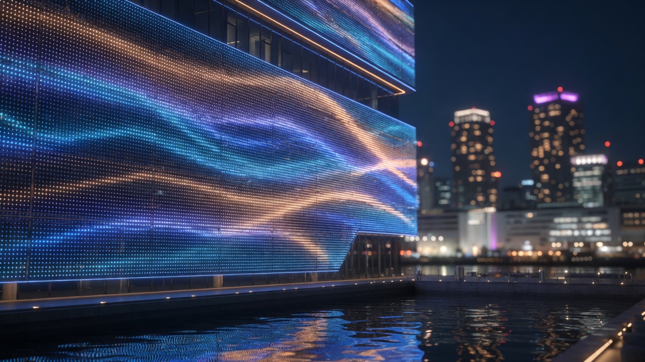 現代城市建築立面被可定址 LED 燈珠覆蓋，播放流動光效的夜景