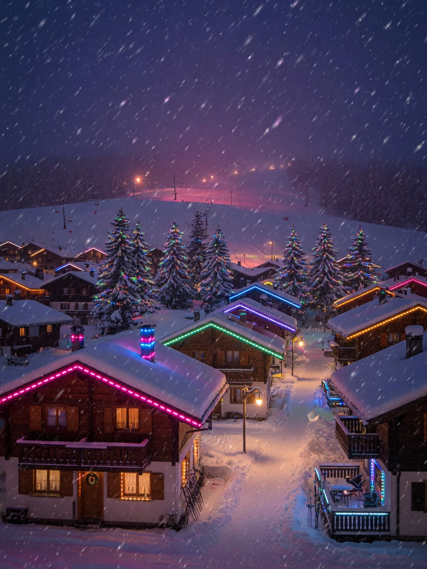 覆雪雪村小屋與纜車站的冬季戶外可定址燈光示意