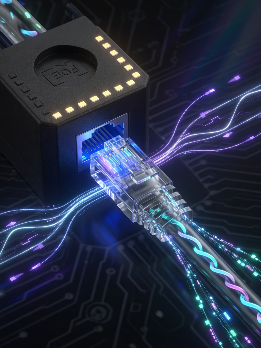 一條網路線同時承載電力與數據，連接交換器與 LED 燈具的示意